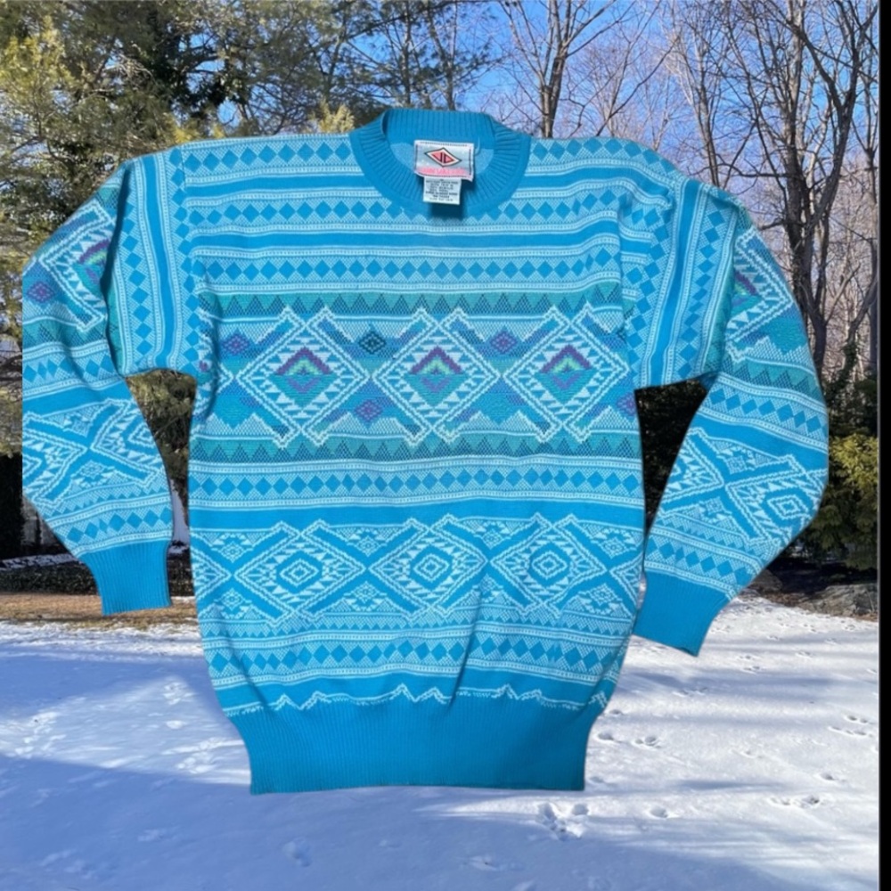 RARE Vintage 80s Sun Valley blue Diamond Stripe AOP Sweater sz M VTG USA unisex